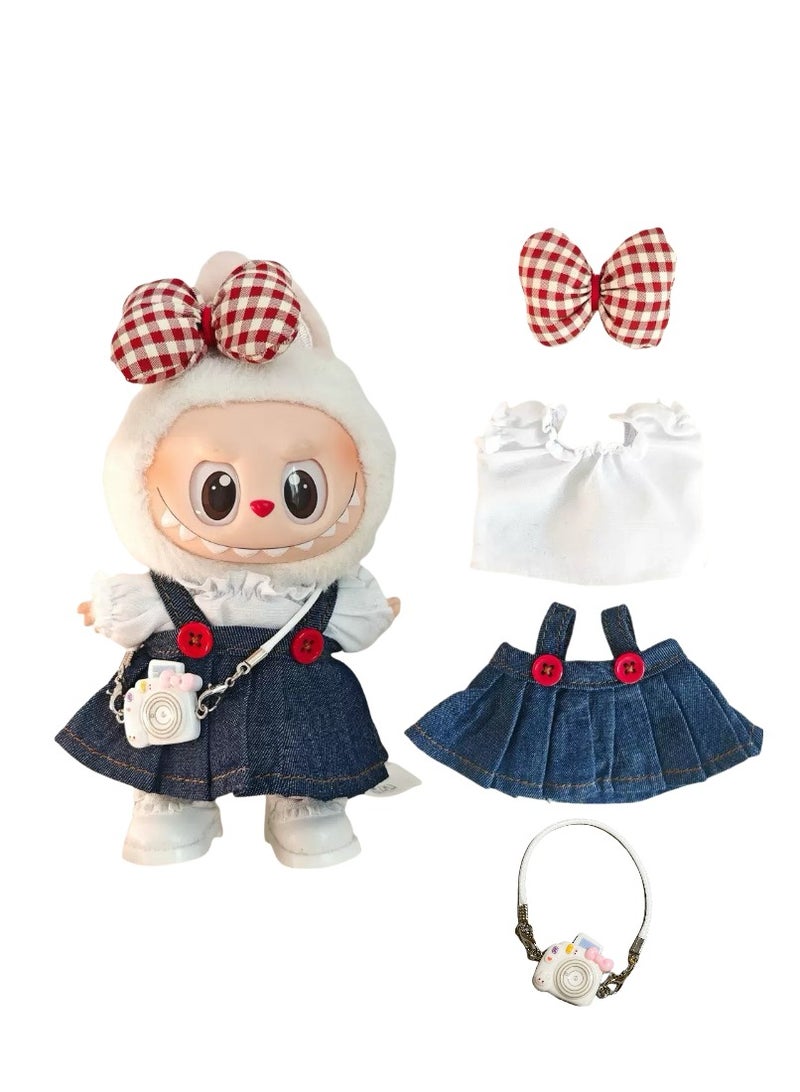 CUNUUDOOL 4pcs Cute Clothes Set & Outfit Set For 17cm Dolls,Labubu Clothes,Include :White Shirt With Denim Strap Skirt, Red Plaid Bow Hair Clip, White Camera Pendant Accessories .Interchangeable Clothing For 1/2/3, Generation. - Image 1
