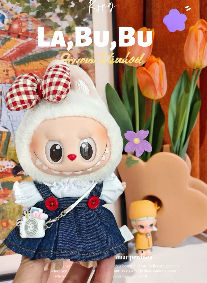 CUNUUDOOL 4pcs Cute Clothes Set & Outfit Set For 17cm Dolls,Labubu Clothes,Include :White Shirt With Denim Strap Skirt, Red Plaid Bow Hair Clip, White Camera Pendant Accessories .Interchangeable Clothing For 1/2/3, Generation. - Image 2