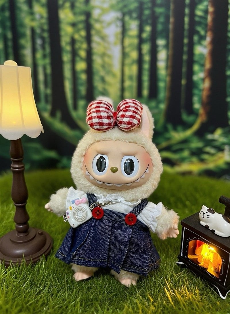 CUNUUDOOL 4pcs Cute Clothes Set & Outfit Set For 17cm Dolls,Labubu Clothes,Include :White Shirt With Denim Strap Skirt, Red Plaid Bow Hair Clip, White Camera Pendant Accessories .Interchangeable Clothing For 1/2/3, Generation. - Image 3