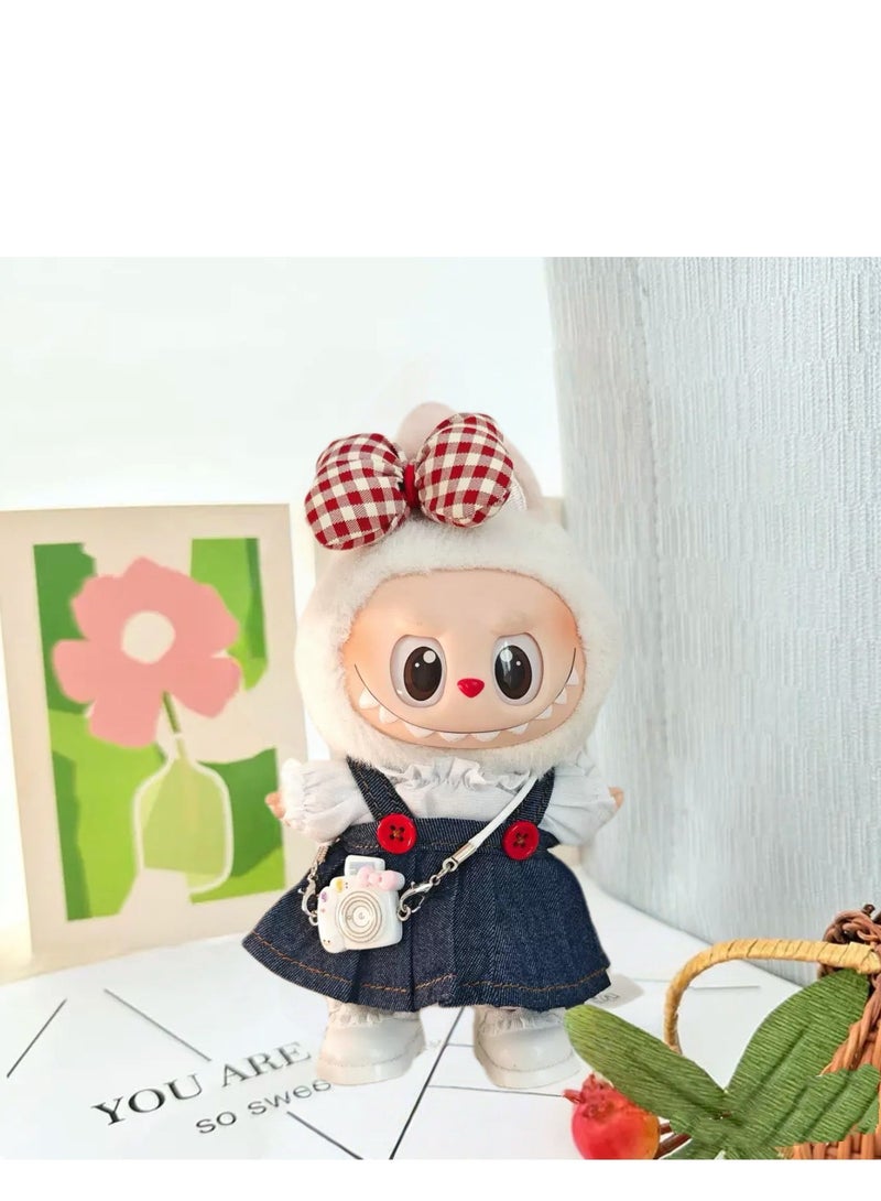 CUNUUDOOL 4pcs Cute Clothes Set & Outfit Set For 17cm Dolls,Labubu Clothes,Include :White Shirt With Denim Strap Skirt, Red Plaid Bow Hair Clip, White Camera Pendant Accessories .Interchangeable Clothing For 1/2/3, Generation. - Image 3