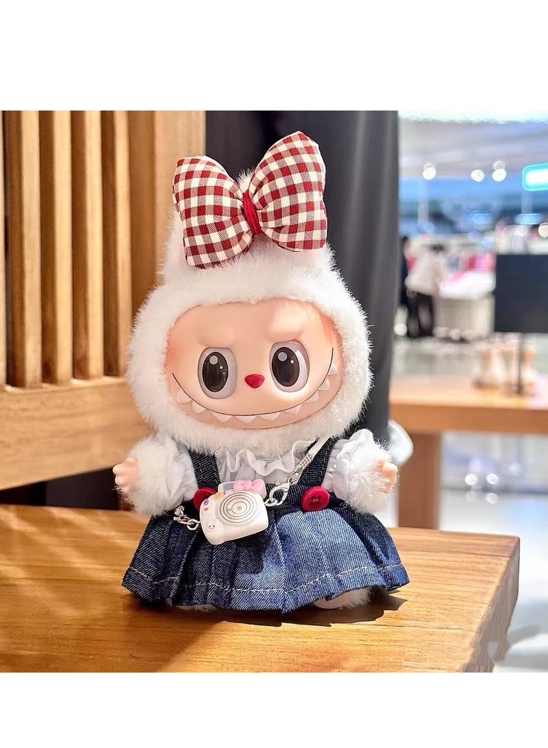 CUNUUDOOL 4pcs Cute Clothes Set & Outfit Set For 17cm Dolls,Labubu Clothes,Include :White Shirt With Denim Strap Skirt, Red Plaid Bow Hair Clip, White Camera Pendant Accessories .Interchangeable Clothing For 1/2/3, Generation. - Image 4