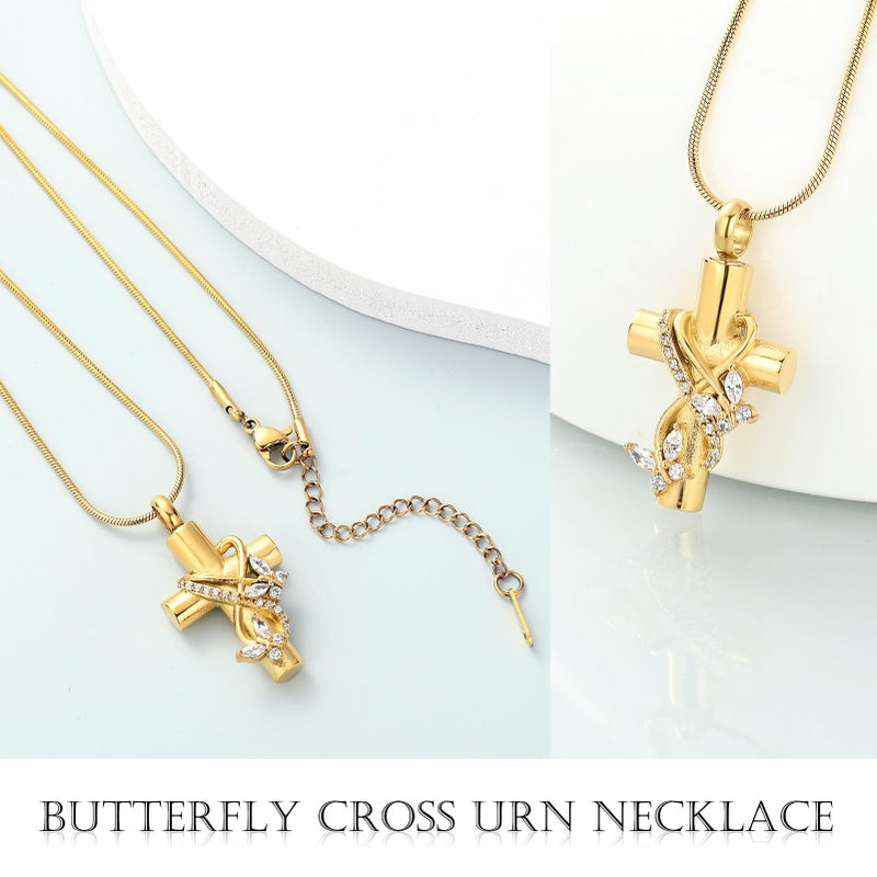 Imrsanl Butterfly Cross Urn Necklace for Ashes Men Women Cremation Jewelry Ashes Pendant for Human Memorial Ash Jewelry (Gold) - Image 3