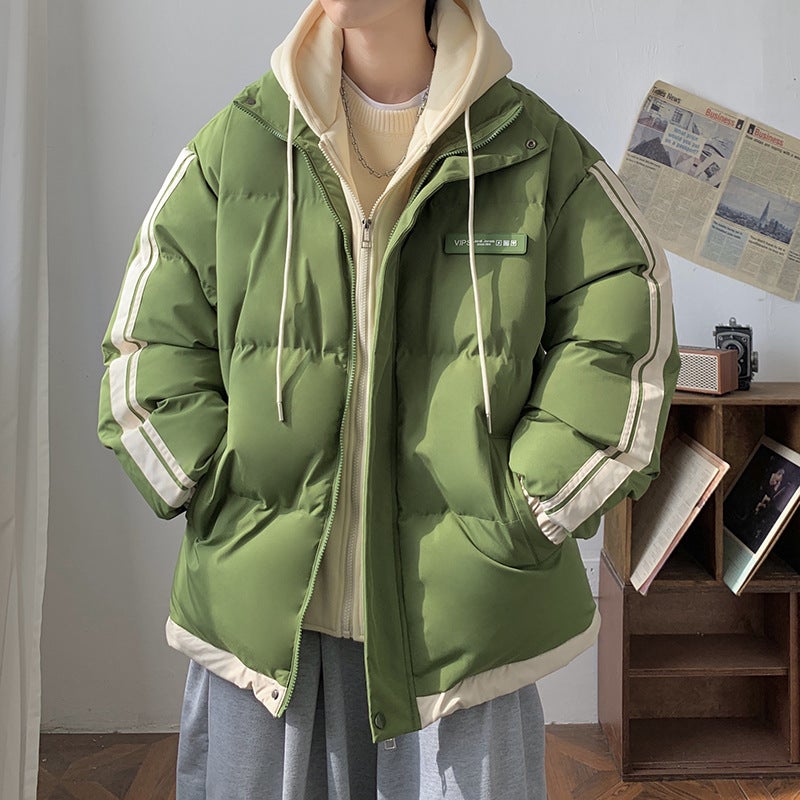 American Style Two-Piece Illusion Cotton-Padded Jacket Blazer For Men Autumn Winter 2024 New Teenage School Campus Style Color B Olive green 