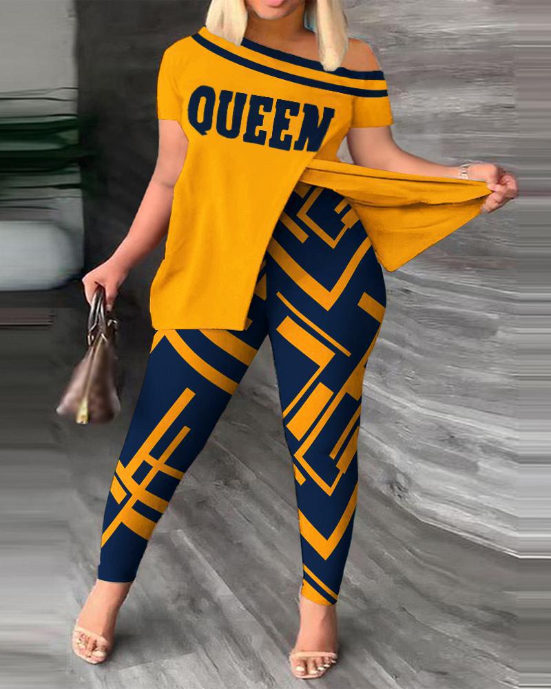 2026 Autumn European and American Women's Fashion Two-Piece Set with Slanted Neckline and Printed Pants