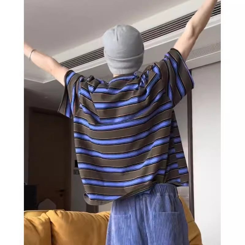 Heavyweight Army Green and Purple Striped Short-Sleeve T-Shirt for Men, Summer American Retro High-End Loose Casual Half-Sleeve