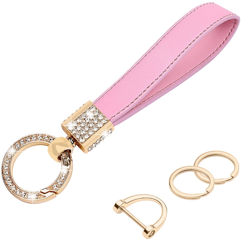 wisdompro Genuine Leather Car Keychain, Keyrings for Car Keys, Bling Car key Fob keychain, Leather Keychain Strap with Anti-lost D-Ring for Men and Women - Pink