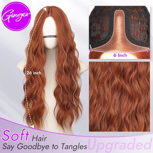 Eawwii Ginger Long Wavy Wig for Women PreCut HD Lace Natural Hairline Glueless Middle Part Synthetic Fiber for Daily and Party Use 26Inch - Image 3