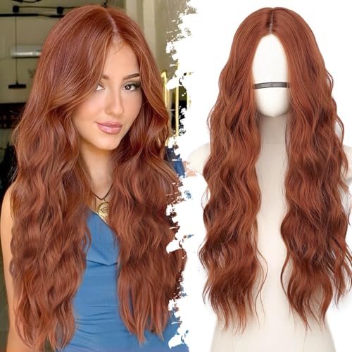 Eawwii Ginger Long Wavy Wig for Women PreCut HD Lace Natural Hairline Glueless Middle Part Synthetic Fiber for Daily and Party Use 26Inch - Image 1