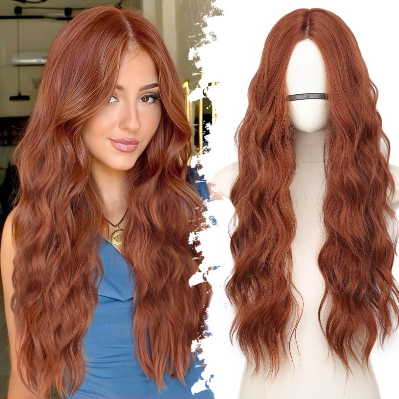Eawwii Ginger Long Wavy Wig for Women PreCut HD Lace Natural Hairline Glueless Middle Part Synthetic Fiber for Daily and Party Use 26Inch - Image 2