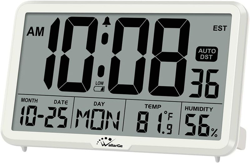 WallarGe Auto-Set Digital Wall Clock Battery Operated, Desk Clocks with Temperature, Humidity and Date, Large Display, Digital Calendar Alarm Clock for Elderly, Bedroom, Office, 8" - Image 1