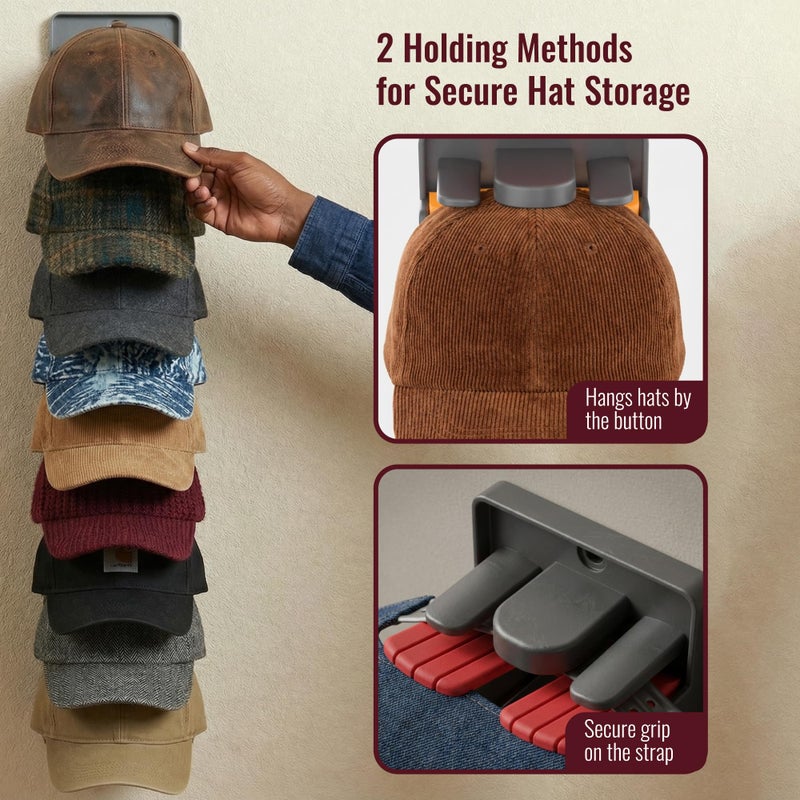 Xvolt Hat Organizer for Baseball Caps - 2 Pack Hat Rack Hanger for Wall Door Closet Storage - Wall-Mounted Vertical Ball Cap Holder Display Racks - Hanging Ballcap Shelf Organizers Holds Up to 20 Hats - Image 5