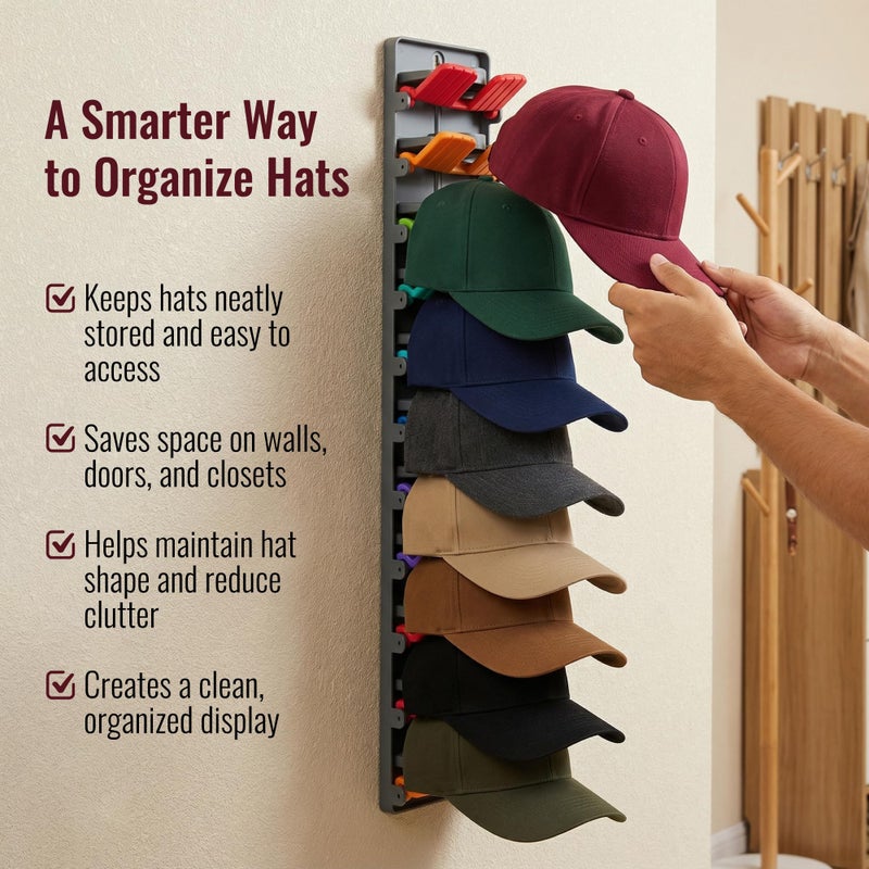 Xvolt Hat Organizer for Baseball Caps - 2 Pack Hat Rack Hanger for Wall Door Closet Storage - Wall-Mounted Vertical Ball Cap Holder Display Racks - Hanging Ballcap Shelf Organizers Holds Up to 20 Hats - Image 2
