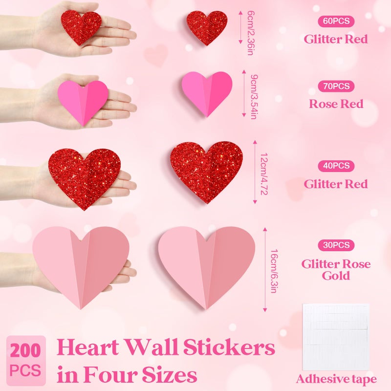 Tinlade 200 Pcs Valentine's Day Wall Decoration 3D Heart Stickers Valentine Glitter Heart Paper Wall Decal for Office Bedroom Bathroom Wedding Anniversary Home Decor 4 Different Sizes(Red and Pink) - Image 2