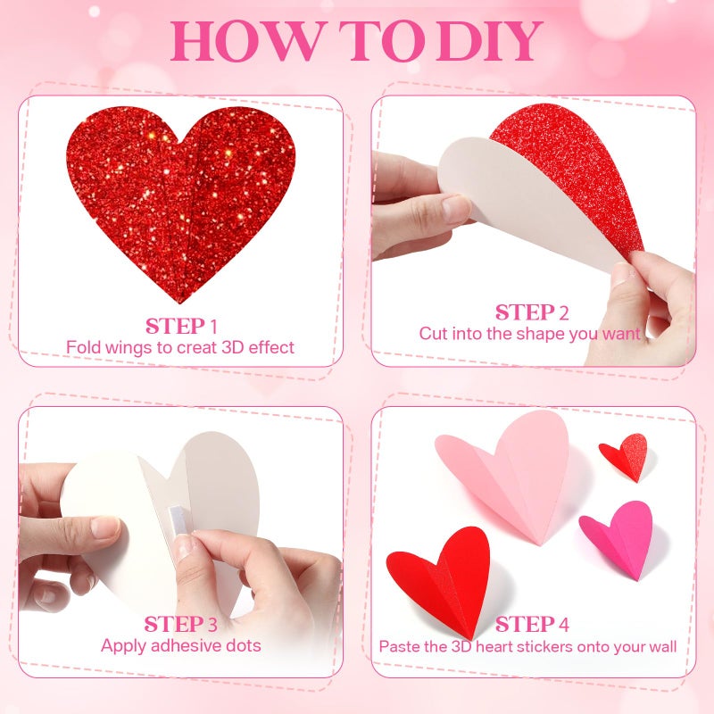 Tinlade 200 Pcs Valentine's Day Wall Decoration 3D Heart Stickers Valentine Glitter Heart Paper Wall Decal for Office Bedroom Bathroom Wedding Anniversary Home Decor 4 Different Sizes(Red and Pink) - Image 3