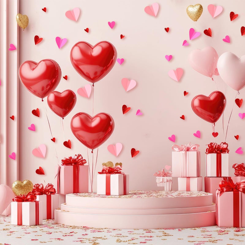 Tinlade 200 Pcs Valentine's Day Wall Decoration 3D Heart Stickers Valentine Glitter Heart Paper Wall Decal for Office Bedroom Bathroom Wedding Anniversary Home Decor 4 Different Sizes(Red and Pink) - Image 4