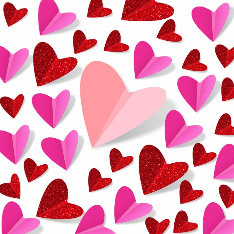 Tinlade 200 Pcs Valentine's Day Wall Decoration 3D Heart Stickers Valentine Glitter Heart Paper Wall Decal for Office Bedroom Bathroom Wedding Anniversary Home Decor 4 Different Sizes(Red and Pink) - Image 1