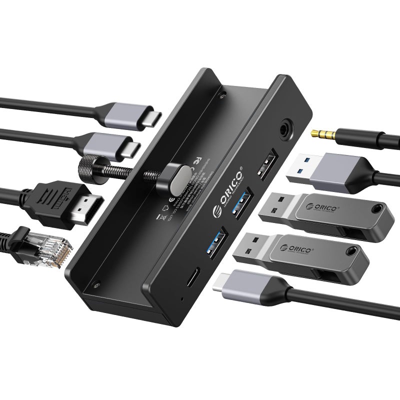 ORICO Clip Docking Station, 8-in-1 Clamp USB C Hub with 4K@60Hz HDMI, 100W PD, Gigabit Ethernet, 4xUSB Port, AUX, 10Gbps Clamp Docking Station for Laptop, MacBook, PC (Adapter Not Included) - Image 1