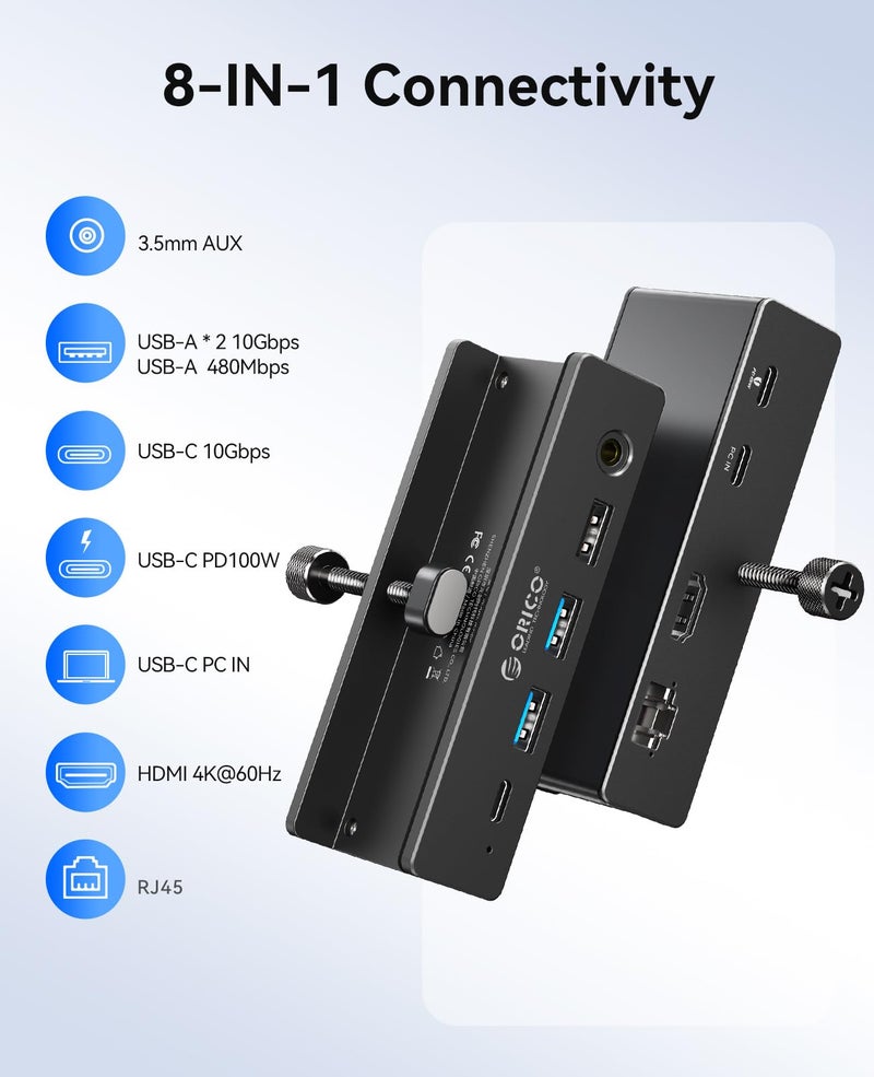 ORICO Clip Docking Station, 8-in-1 Clamp USB C Hub with 4K@60Hz HDMI, 100W PD, Gigabit Ethernet, 4xUSB Port, AUX, 10Gbps Clamp Docking Station for Laptop, MacBook, PC (Adapter Not Included) - Image 2