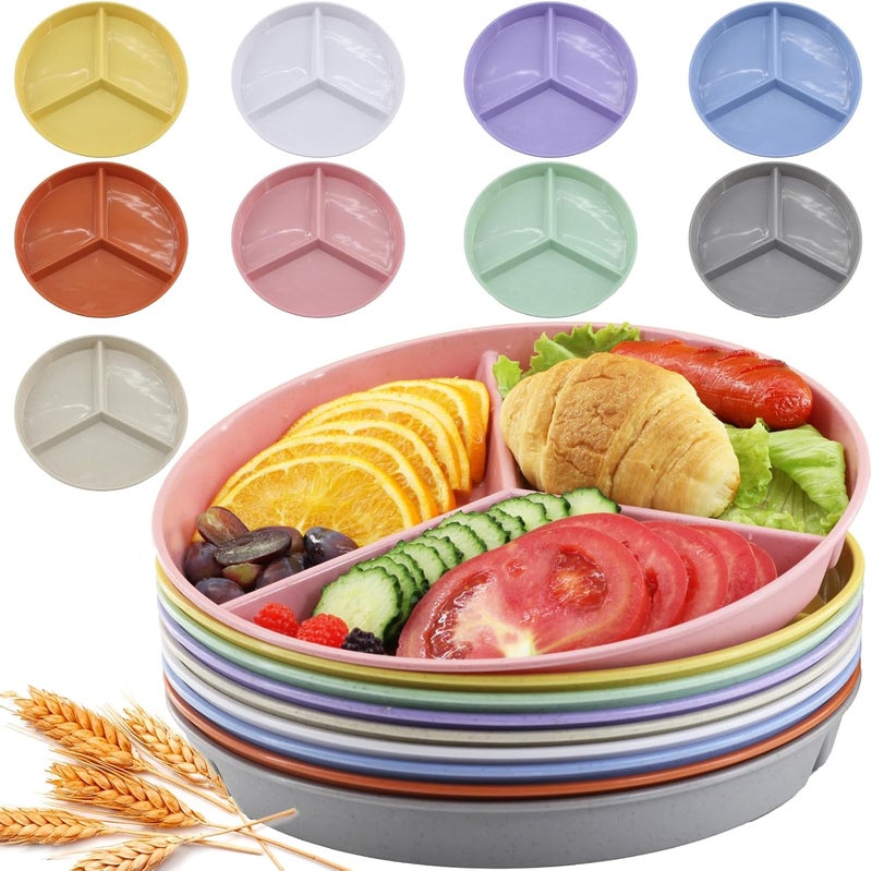 falichchch 96Inch Multicolor Wheat Straw Divided Plates  9PCs Unbreakable 3Compartment Plates for Portion Control  Healthy Eating Microwave  Dishwasher Safe  EcoFriendly  Reusable - Image 1