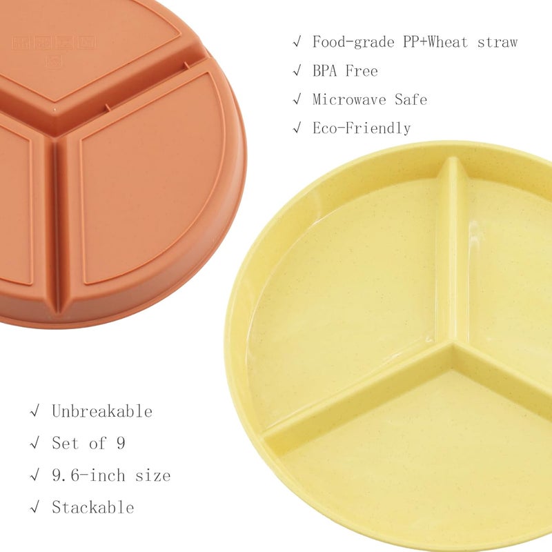 falichchch 96Inch Multicolor Wheat Straw Divided Plates  9PCs Unbreakable 3Compartment Plates for Portion Control  Healthy Eating Microwave  Dishwasher Safe  EcoFriendly  Reusable - Image 3