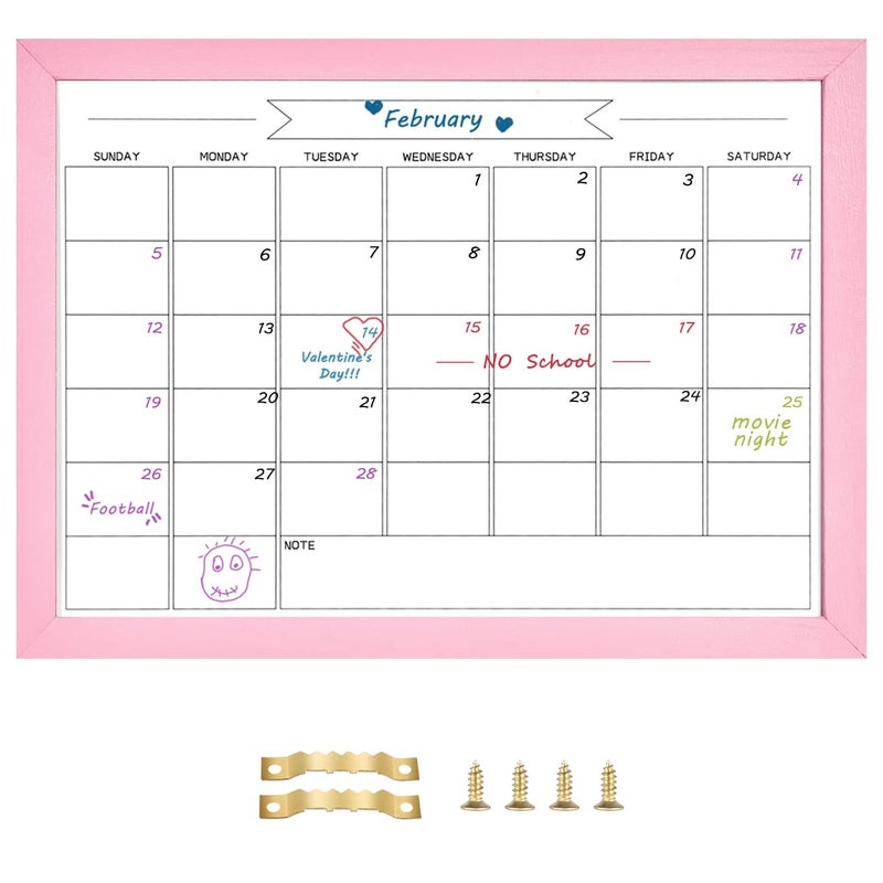 TORASO Dry Erase Monthly Calendar Board, Magnetic Whiteboard for Wall, Office/School/Home, Solid Wood Pink Frame Hanging Board 10.5"x 14.5"(YL-Pink-2737-B) - Image 1