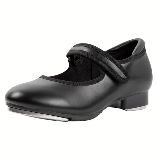 Linodes Easy Strap Tap Shoe Dance Flats for Girls and Boys (Toddler/Little Kid/Big Kid)-Black Matte-1M-Little Kid - Image 1
