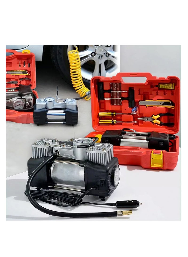 HEXAR BOHAO Tire Inflator Heavy Duty Double Cylinders with LED Light, Car Tyre Repair Accessories with Hard Shell Case, Metal 12V Air Compressor Pump 100PSI with Adapter for Car, SUV Tires, Bikes  - Image 1