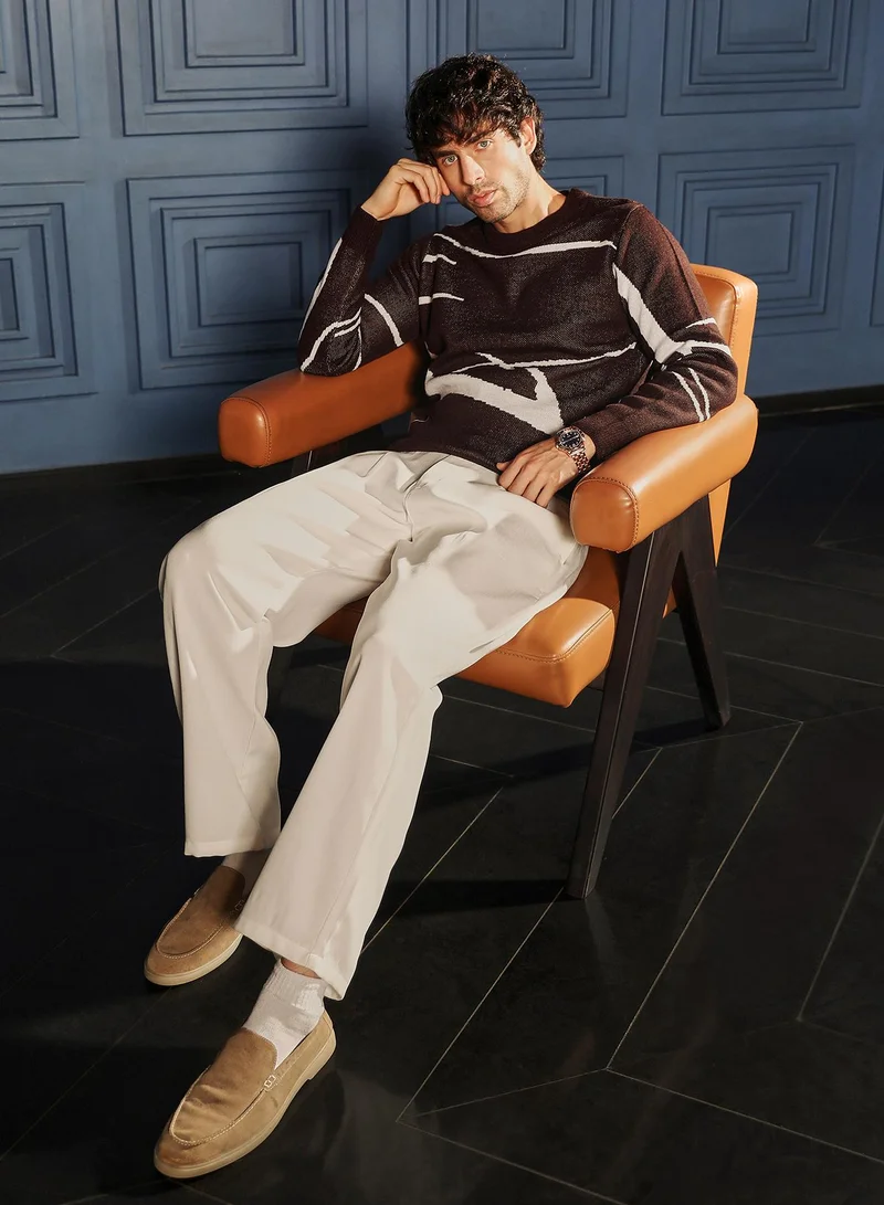 CAHOOT  Men Mono-Abstract Pullover Sweater | Crew Neck, Long Ribbed Cuff Sleeves | Pull On , Ribbed-Straight Hem | Abstract Jacquard | Knitted Fabric For Casual & Daily Wear | Coffee Brown for Men | Best Price UAE