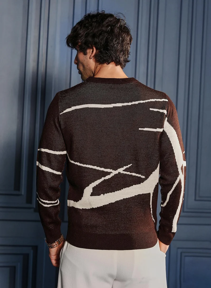 CAHOOT  Men Mono-Abstract Pullover Sweater | Crew Neck, Long Ribbed Cuff Sleeves | Pull On , Ribbed-Straight Hem | Abstract Jacquard | Knitted Fabric For Casual & Daily Wear | Coffee Brown for Men | Best Price UAE