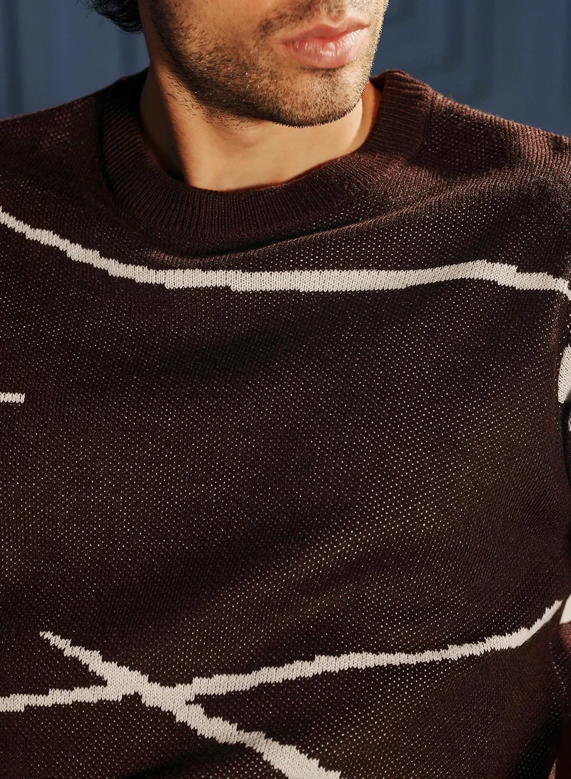 CAHOOT  Men Mono-Abstract Pullover Sweater | Crew Neck, Long Ribbed Cuff Sleeves | Pull On , Ribbed-Straight Hem | Abstract Jacquard | Knitted Fabric For Casual & Daily Wear | Coffee Brown for Men | Best Price UAE