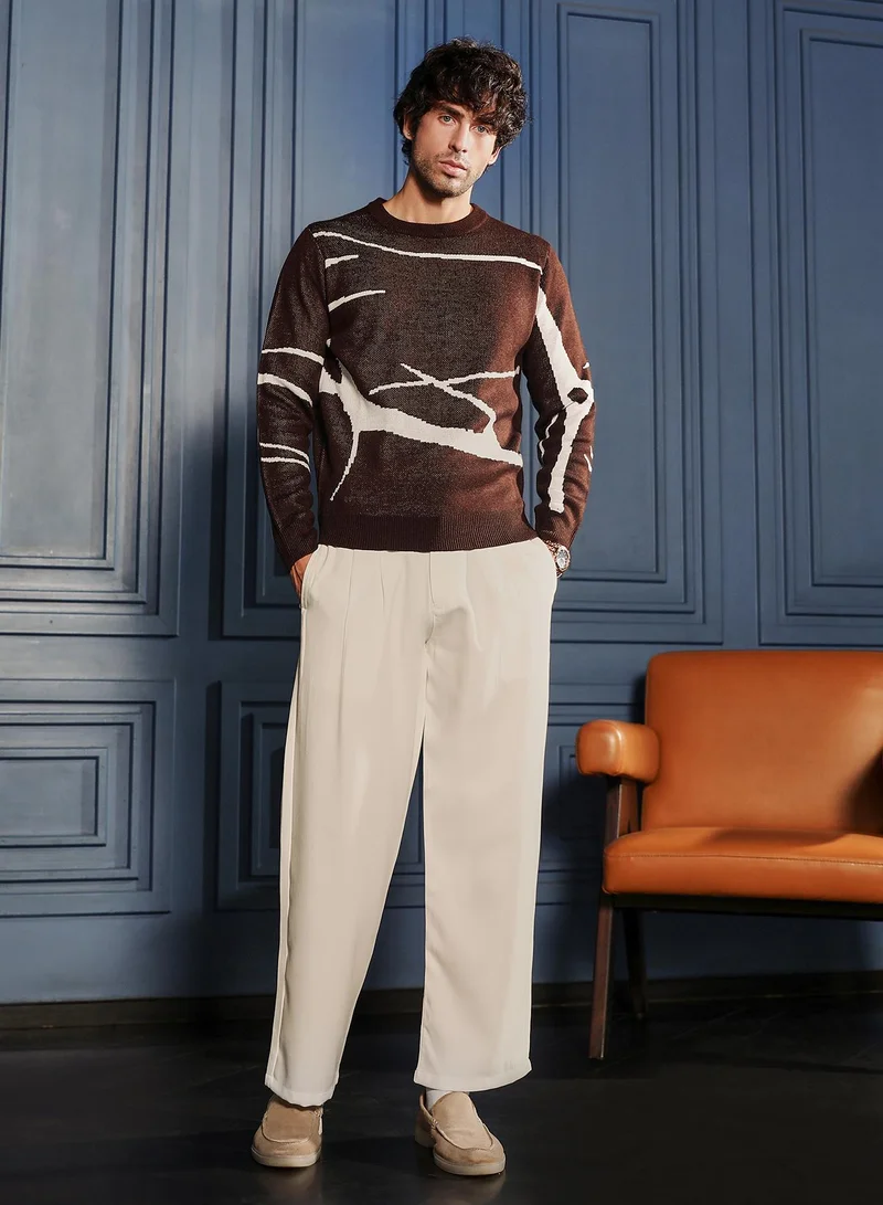 CAHOOT  Men Mono-Abstract Pullover Sweater | Crew Neck, Long Ribbed Cuff Sleeves | Pull On , Ribbed-Straight Hem | Abstract Jacquard | Knitted Fabric For Casual & Daily Wear | Coffee Brown for Men | Best Price UAE