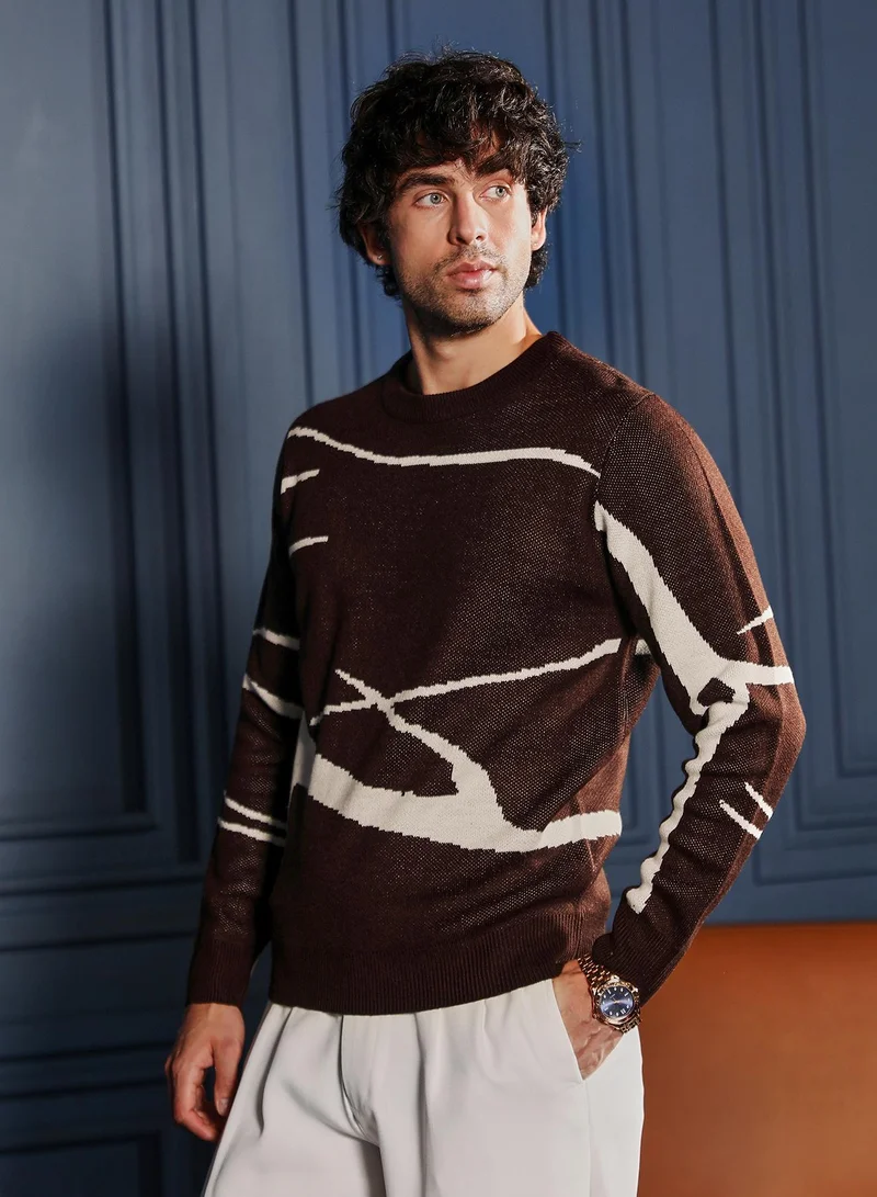 CAHOOT  Men Mono-Abstract Pullover Sweater | Crew Neck, Long Ribbed Cuff Sleeves | Pull On , Ribbed-Straight Hem | Abstract Jacquard | Knitted Fabric For Casual & Daily Wear | Coffee Brown for Men | Best Price UAE