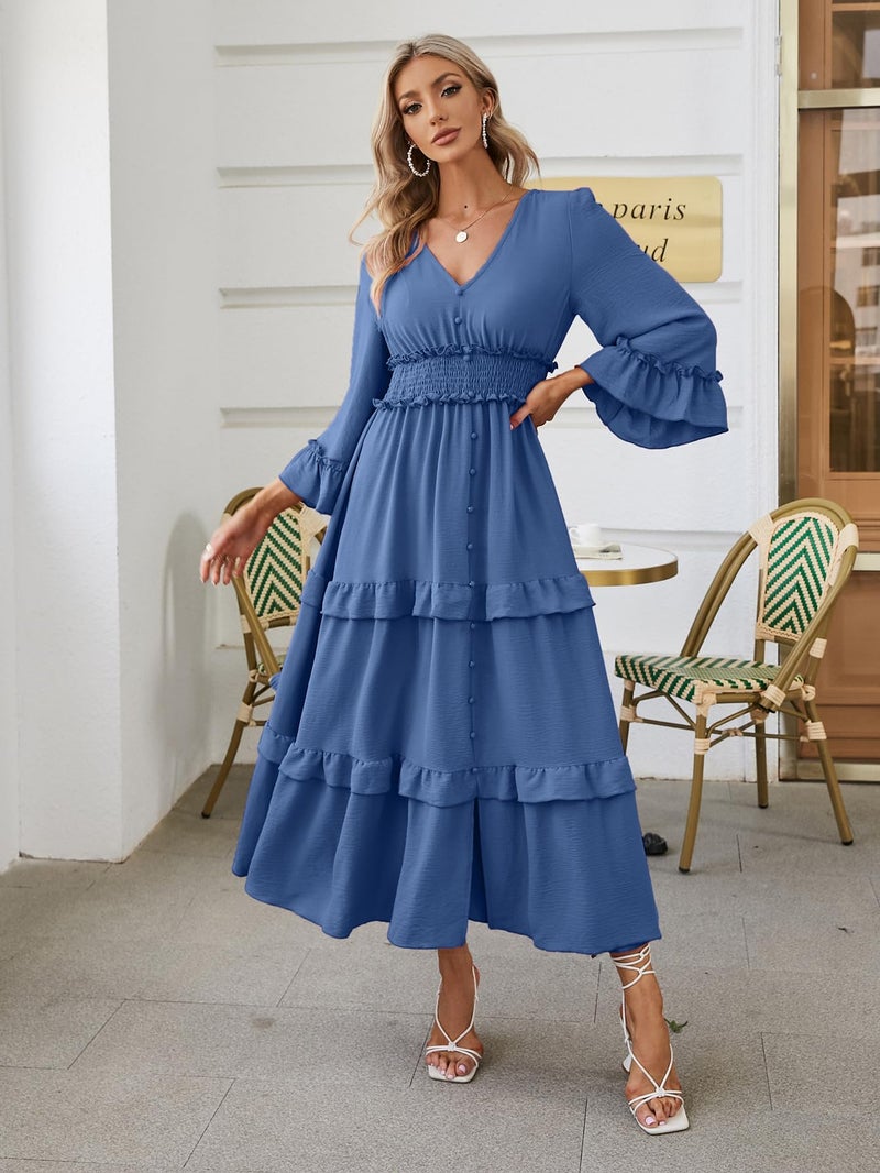 Amegoya Women's V Neck Long Sleeve Boho Maxi Dress Smocked Empire Waist Flowy Ruffle Tiered Photoshoot Dress (Dusty Blue L) - Image 3