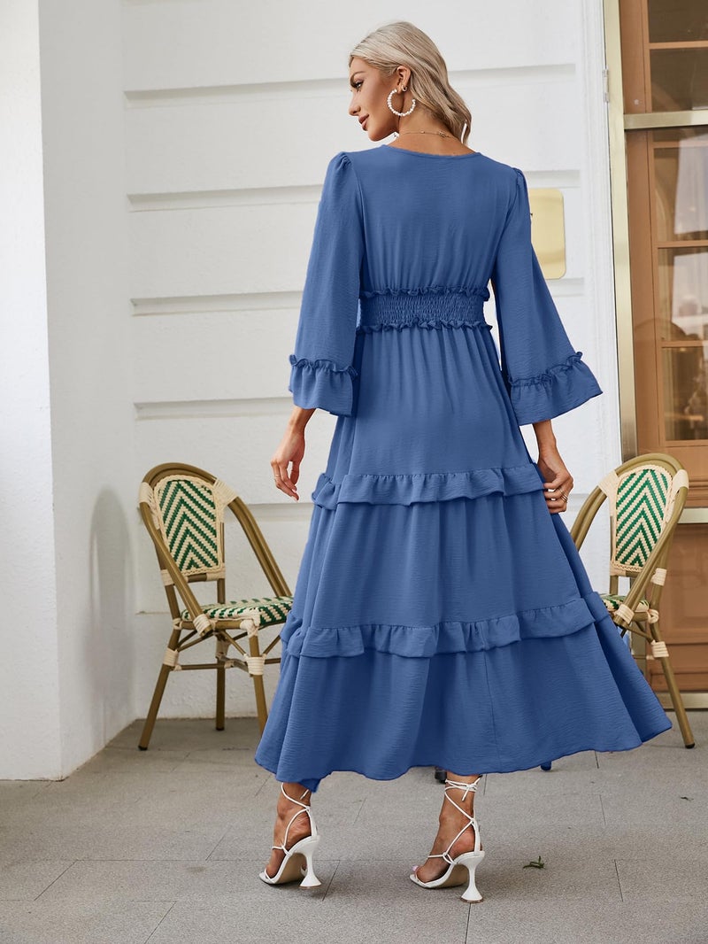 Amegoya Women's V Neck Long Sleeve Boho Maxi Dress Smocked Empire Waist Flowy Ruffle Tiered Photoshoot Dress (Dusty Blue L) - Image 4