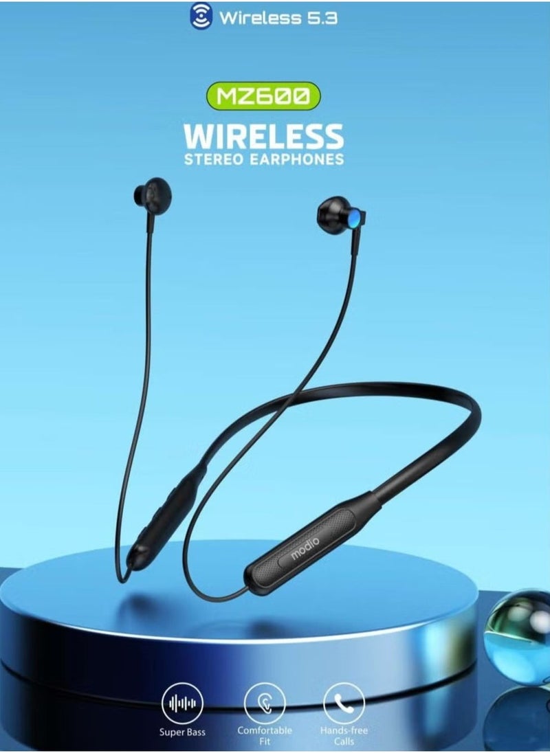 JAJEEK "2024 Modio MZ600 Wireless Stereo Neckband Earphones – Bluetooth 5.3, Super Bass, 15-Hour Battery Life, Comfortable Fit (Black)" - Image 2