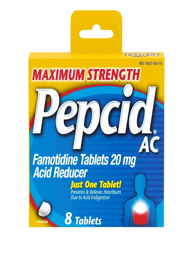 Pepcid AC Maximum Strength Heartburn Relief Tablets, OTC Medicine Prevents & Relieves Heartburn Due to Acid Indigestion & Sour Stomach, 20 mg Famotidine Acid Reducer, Fast-Acting, 8 ct - Image 1