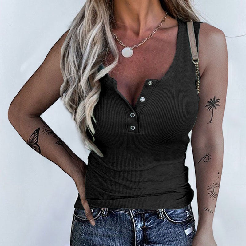Summer Independent Station Temu Threaded Buttons Slim Vest Top T-Shirt For Women - Image 3