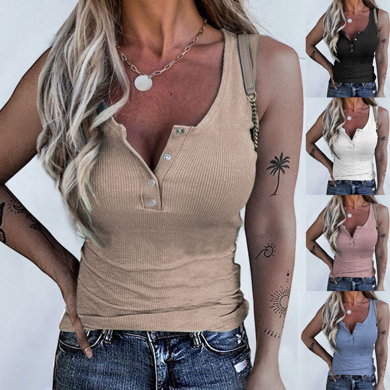 Summer Independent Station Temu Threaded Buttons Slim Vest Top T-Shirt For Women - Image 1
