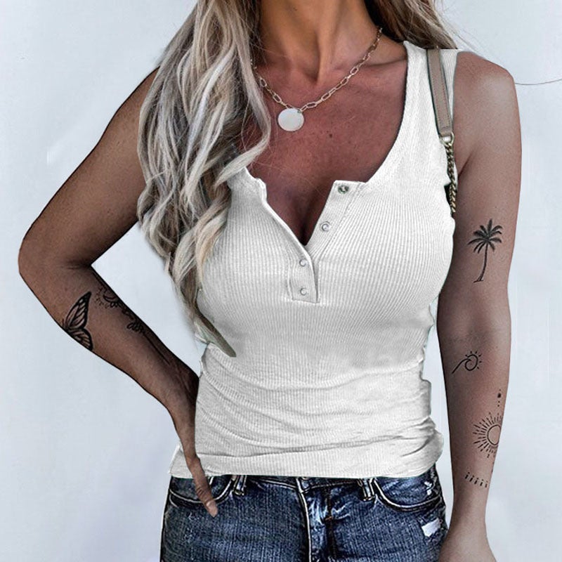 Summer Independent Station Temu Threaded Buttons Slim Vest Top T-Shirt For Women - Image 4