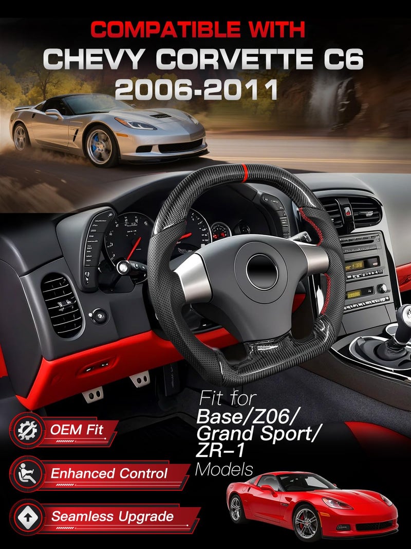 TESFEEL Steering Wheel for Chevy Corvette C6 2006-2011, Real 3K Carbon Fiber, Double-D-Shape Flat Top & Bottom, Red Stripe & Stitching Nappa Perforated Leather, Fits for Base/Z06/ZR1/Grand Sport - Image 2