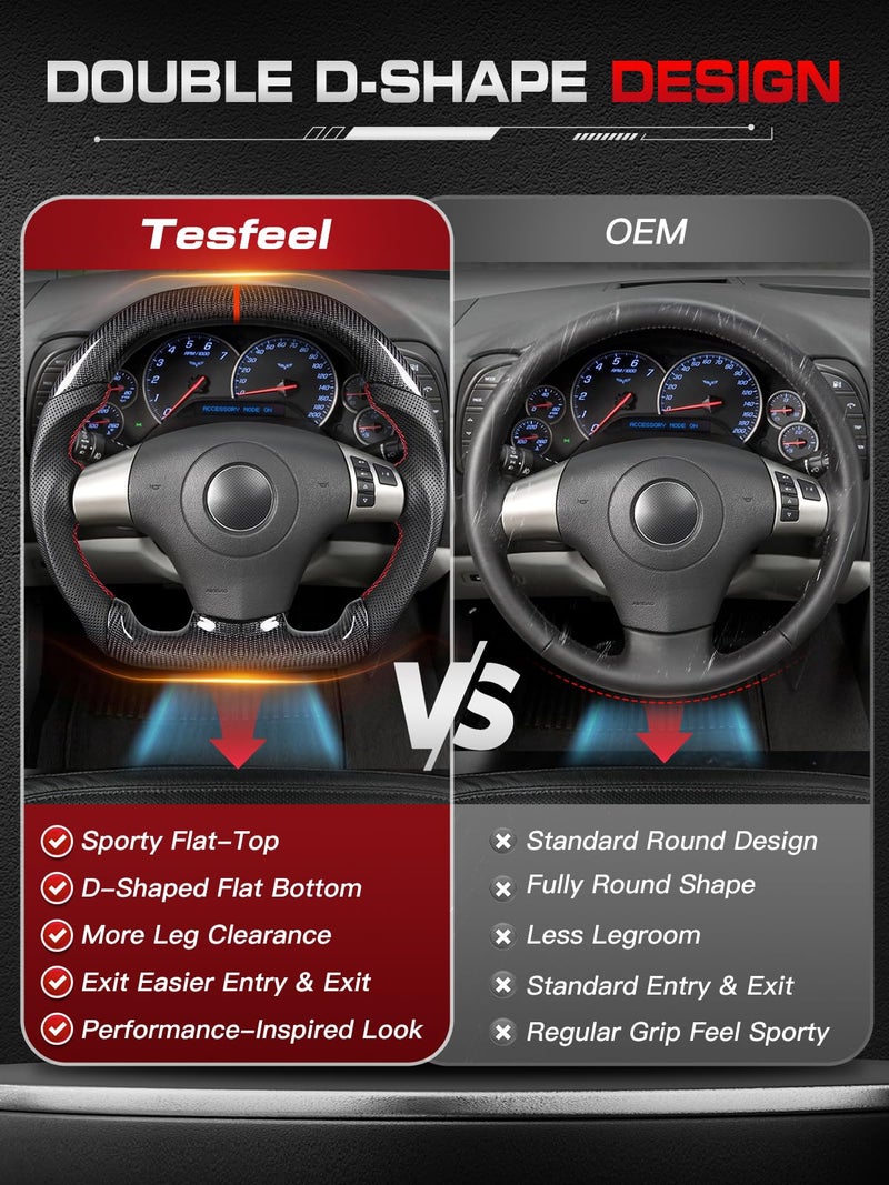 TESFEEL Steering Wheel for Chevy Corvette C6 2006-2011, Real 3K Carbon Fiber, Double-D-Shape Flat Top & Bottom, Red Stripe & Stitching Nappa Perforated Leather, Fits for Base/Z06/ZR1/Grand Sport - Image 5