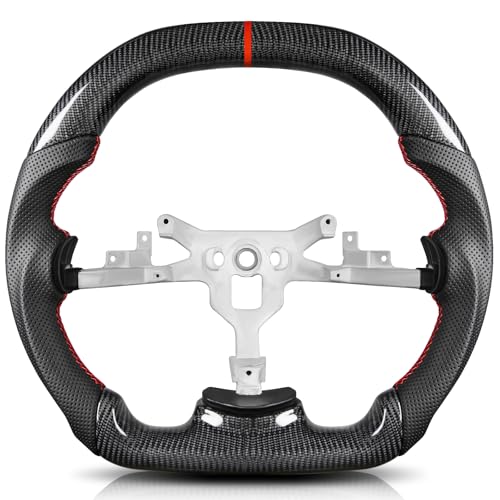 TESFEEL Steering Wheel for Chevy Corvette C6 2006-2011, Real 3K Carbon Fiber, Double-D-Shape Flat Top & Bottom, Red Stripe & Stitching Nappa Perforated Leather, Fits for Base/Z06/ZR1/Grand Sport - Image 1