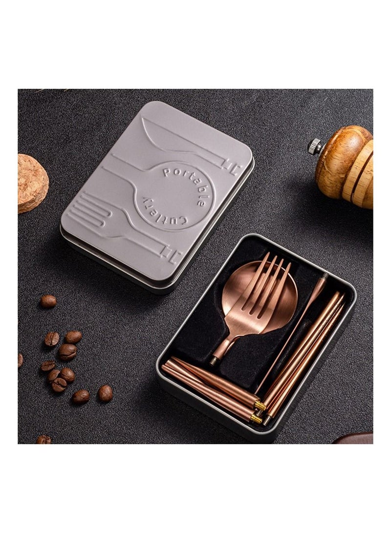 Portable Tableware Set Stainless Steel Dinnerware Removable Chopstick Knife Fork Spoon Camping Folding Travel Picnic Cutlery Set Rose gold - Image 1