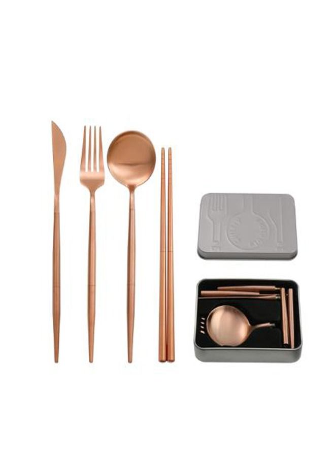 Portable Tableware Set Stainless Steel Dinnerware Removable Chopstick Knife Fork Spoon Camping Folding Travel Picnic Cutlery Set Rose gold - Image 2
