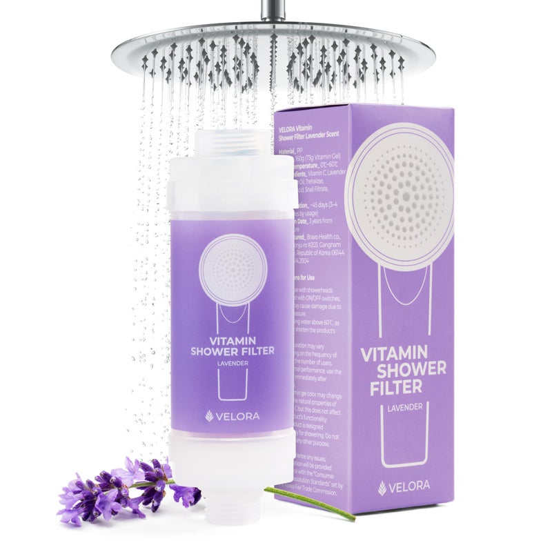 Velora Vitamin C Shower Filter and Water Softener for Hard Water Aromatherapy Shower Head Attachment Universal Fit No Tools Replenish Dry Itchy Skin and Nourish Hair LavenderScented - Image 2