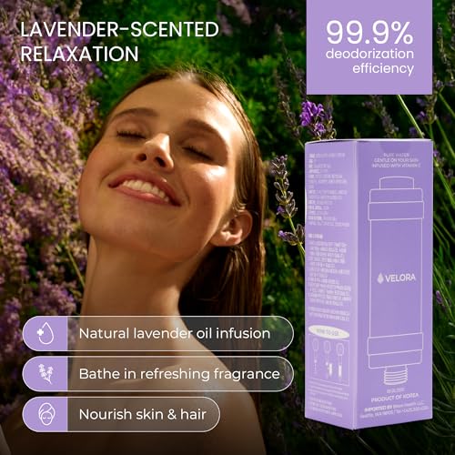 Velora Vitamin C Shower Filter and Water Softener for Hard Water Aromatherapy Shower Head Attachment Universal Fit No Tools Replenish Dry Itchy Skin and Nourish Hair LavenderScented - Image 3