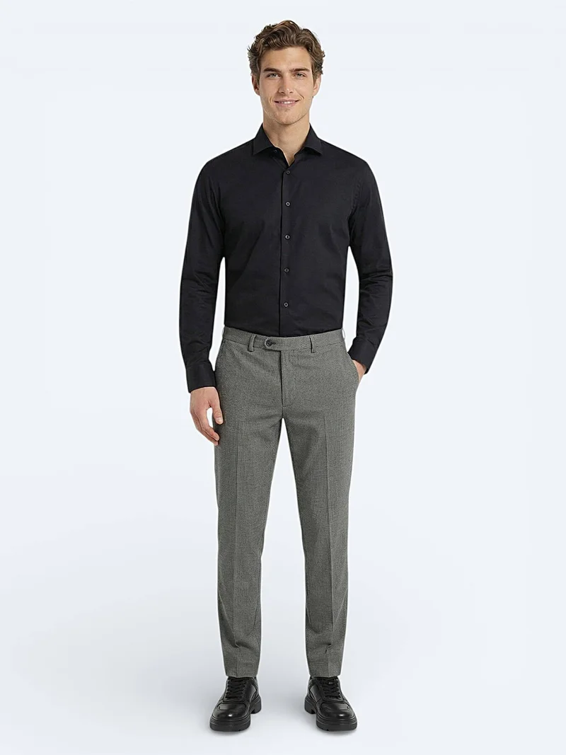 Kip Black Plain Regular Fit Long Weaving Classical 100% Cotton Shirt