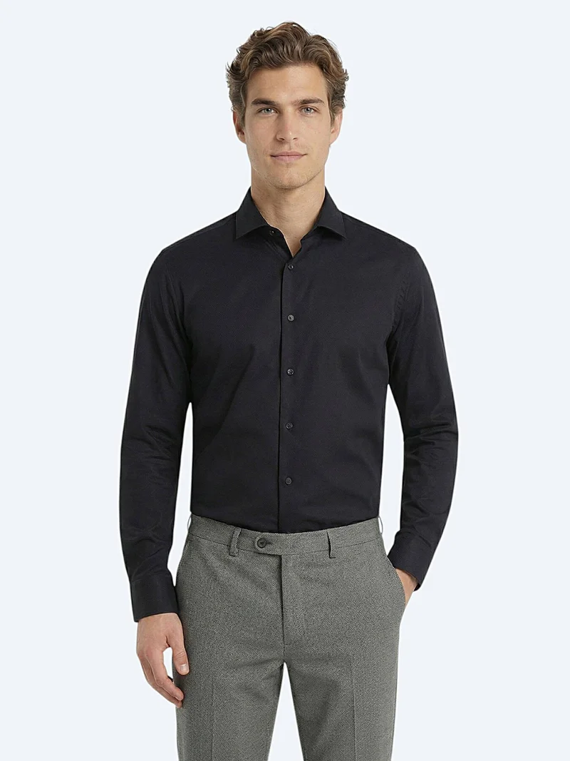 Kip Black Plain Regular Fit Long Weaving Classical 100% Cotton Shirt