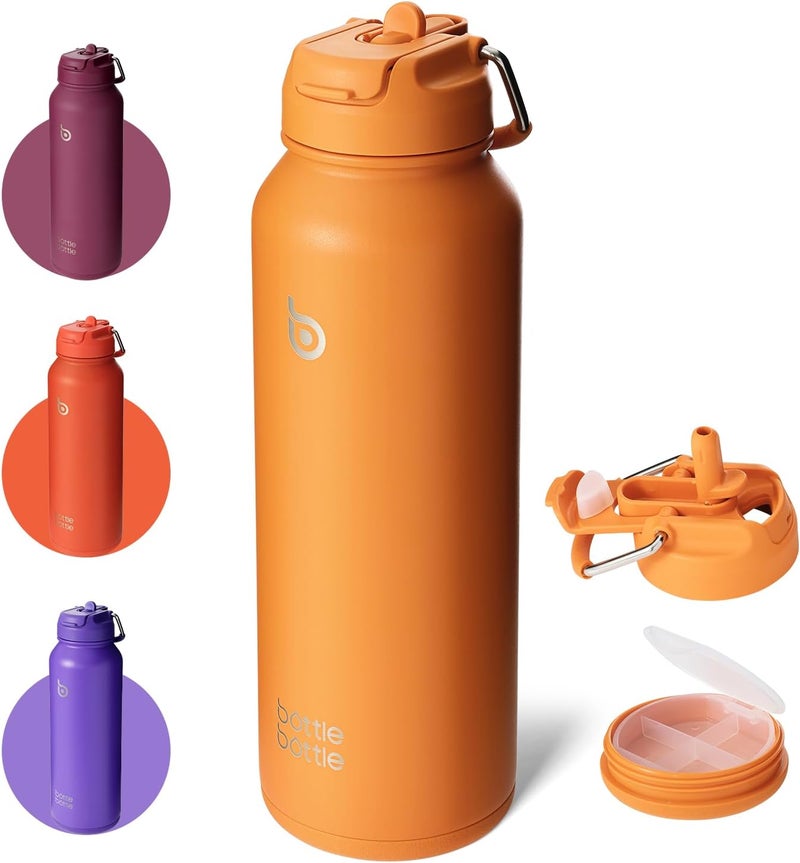 bottle bottle bottlebottle BOTTLE BOTTLE 40 oz sports water bottle stainless steel insulated water bottle with straw and pills holder (orange) - Image 1