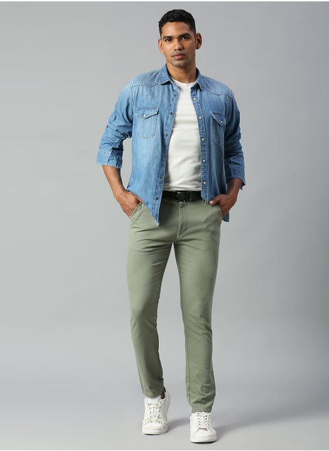 Men's Tapered Fit Sage Cotton Chinos - Mid-Rise, Full Length, Button & Zip Closure,
